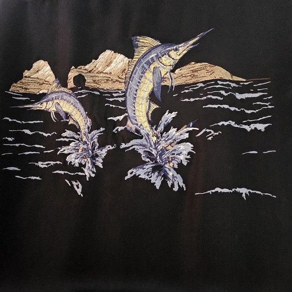 HOOK & TACKLE Men 2XL Black MARLIN Embroidered pocket and back Camp Shirt EUC - Picture 10 of 11